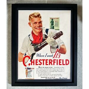 Framed Original 1942 Vintage Chesterfield Ad: Where I Work Soldier